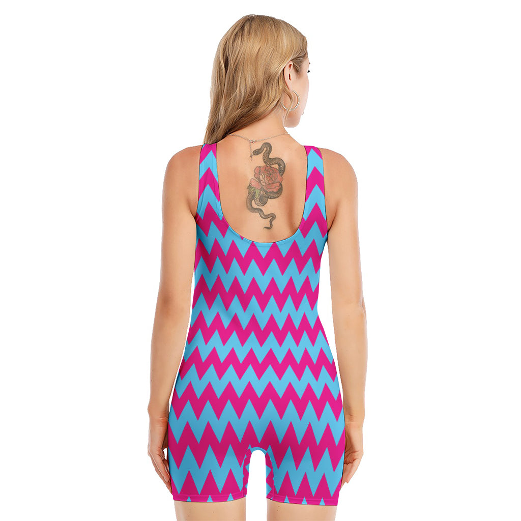 Pink And Blue Chevron Pattern Print Sleeveless One Piece Swimsuit