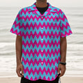 Pink And Blue Chevron Pattern Print Textured Short Sleeve Shirt