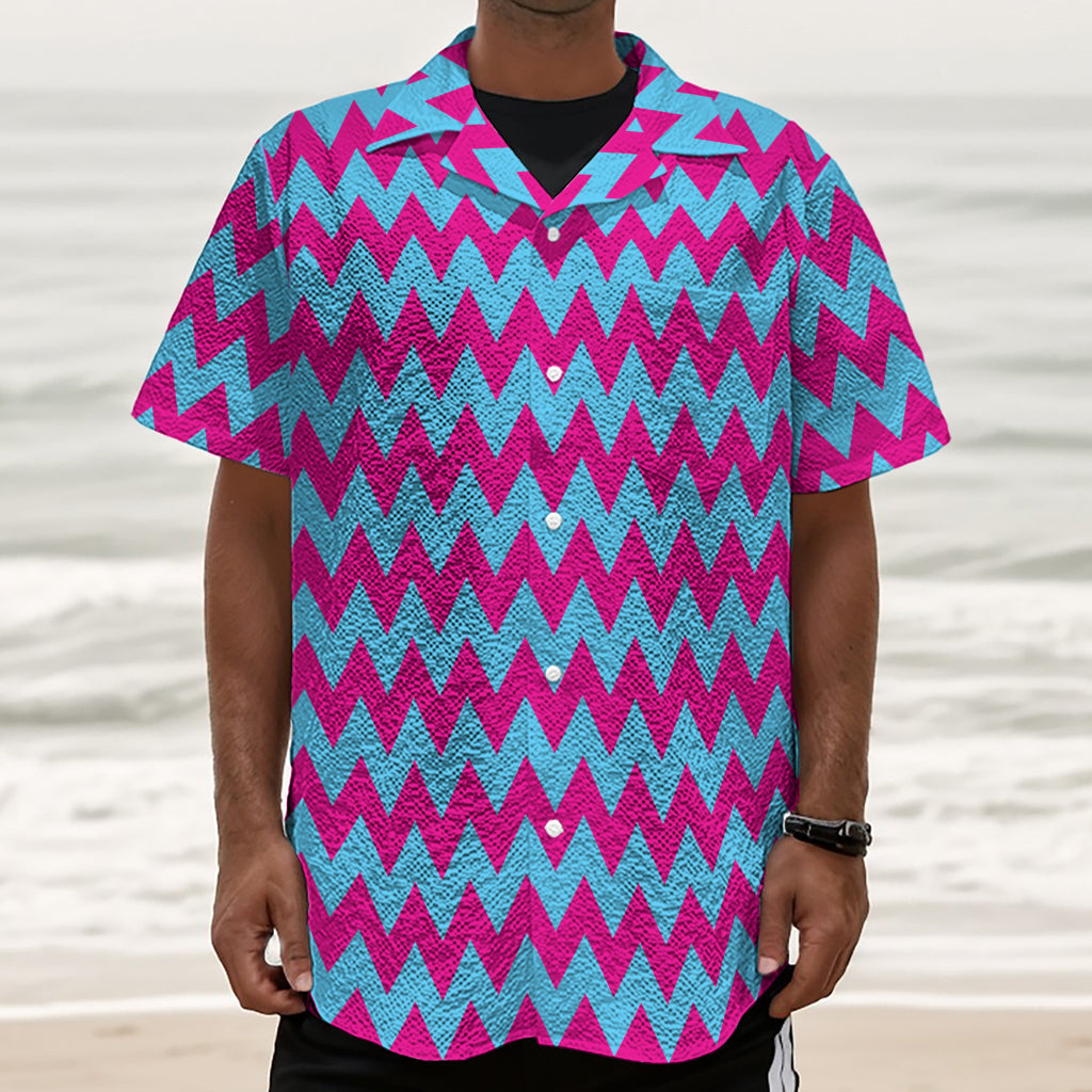 Pink And Blue Chevron Pattern Print Textured Short Sleeve Shirt