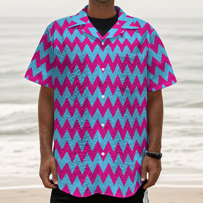 Pink And Blue Chevron Pattern Print Textured Short Sleeve Shirt