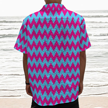 Pink And Blue Chevron Pattern Print Textured Short Sleeve Shirt