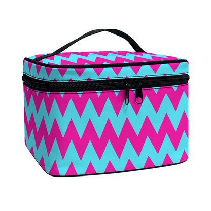 Pink And Blue Chevron Pattern Print Travel Makeup Bag