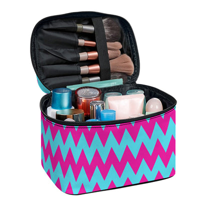 Pink And Blue Chevron Pattern Print Travel Makeup Bag