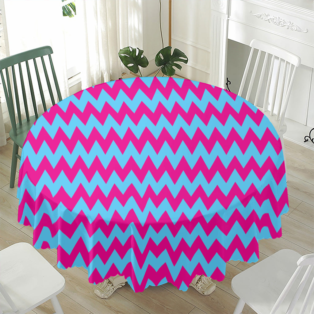 Pink And Blue Chevron Pattern Print Waterproof Round Tablecloth