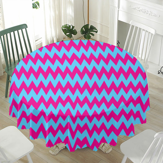 Pink And Blue Chevron Pattern Print Waterproof Round Tablecloth