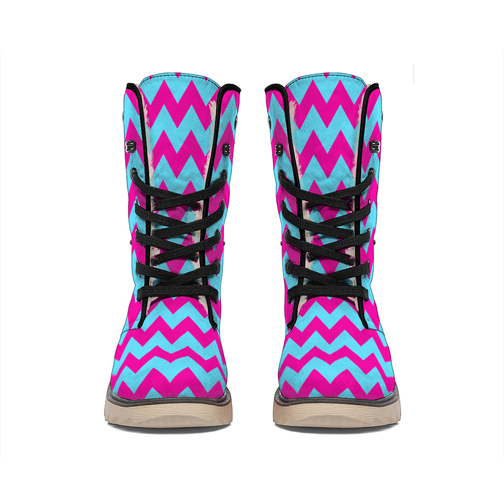 Pink And Blue Chevron Pattern Print Winter Boots