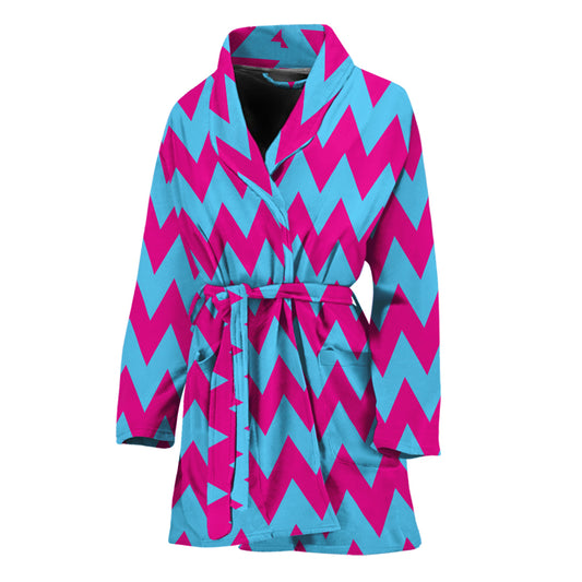 Pink And Blue Chevron Pattern Print Women's Bathrobe