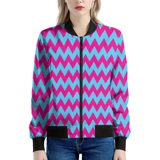 Pink And Blue Chevron Pattern Print Women's Bomber Jacket