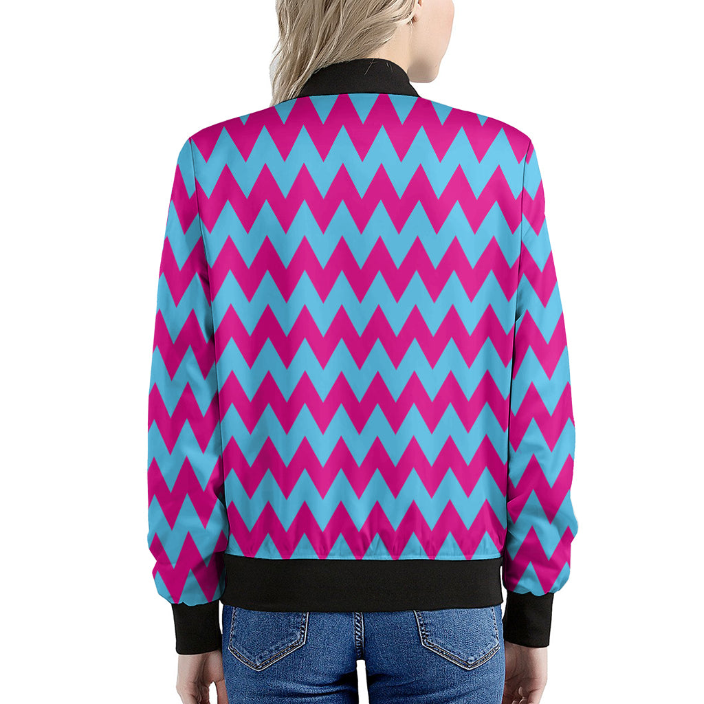 Pink And Blue Chevron Pattern Print Women's Bomber Jacket