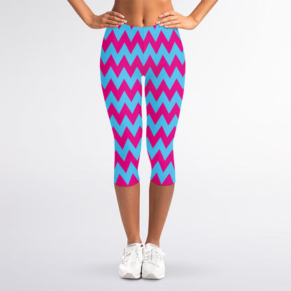 Pink And Blue Chevron Pattern Print Women's Capri Leggings