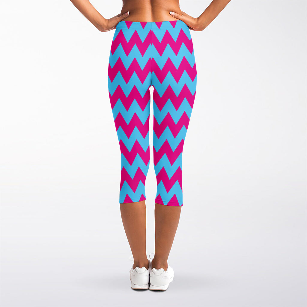 Pink And Blue Chevron Pattern Print Women's Capri Leggings