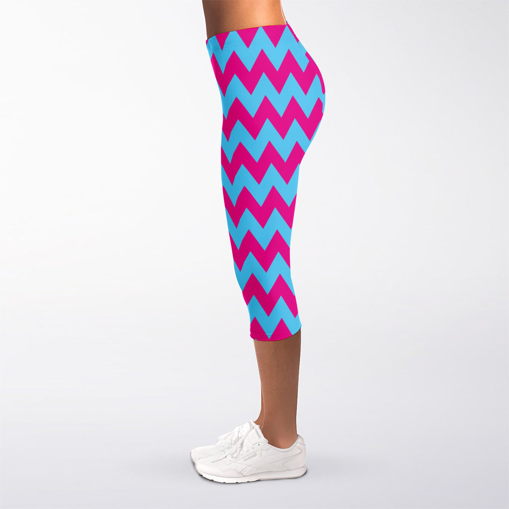 Pink And Blue Chevron Pattern Print Women's Capri Leggings