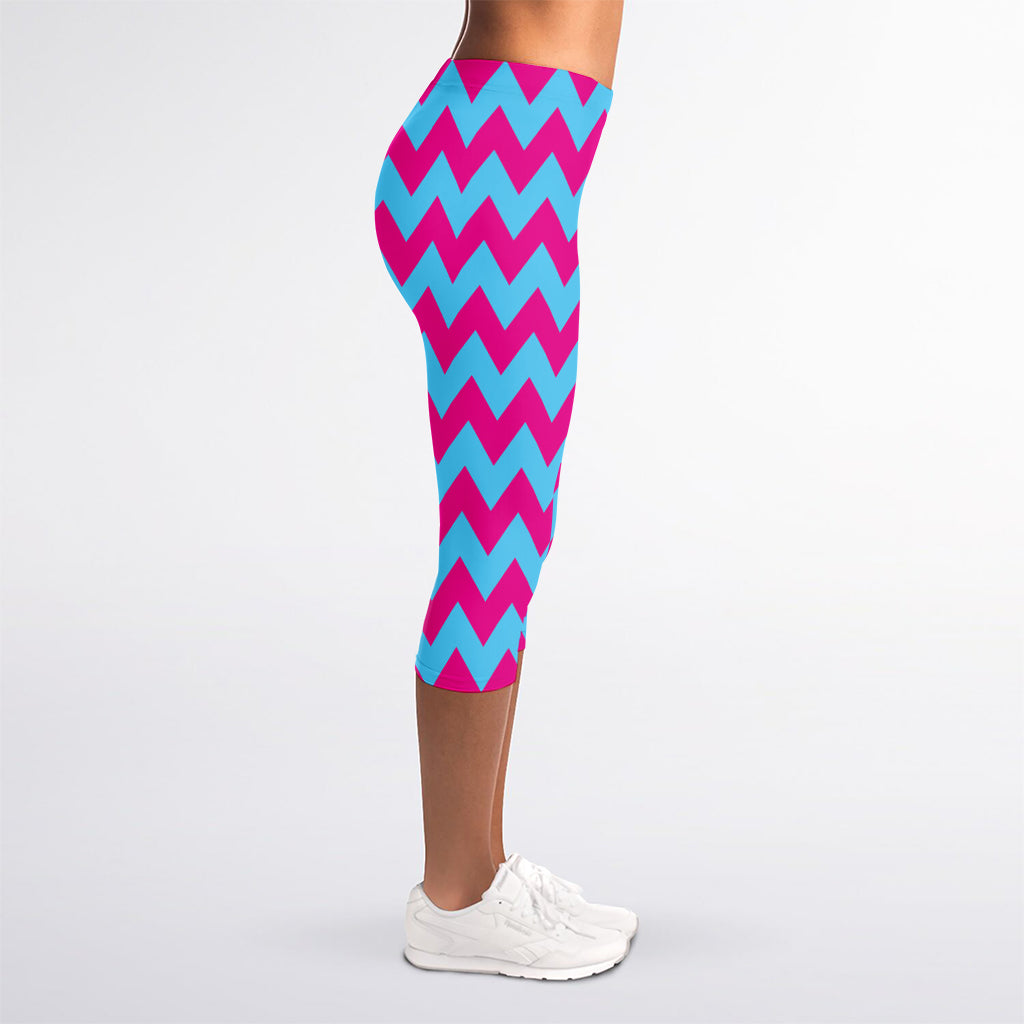 Pink And Blue Chevron Pattern Print Women's Capri Leggings