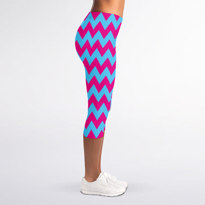 Pink And Blue Chevron Pattern Print Women's Capri Leggings
