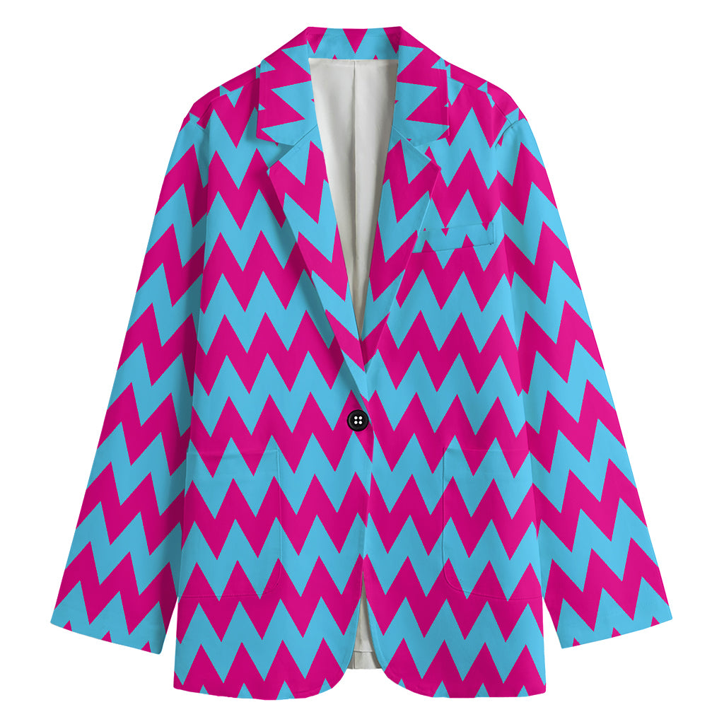 Pink And Blue Chevron Pattern Print Women's Cotton Blazer