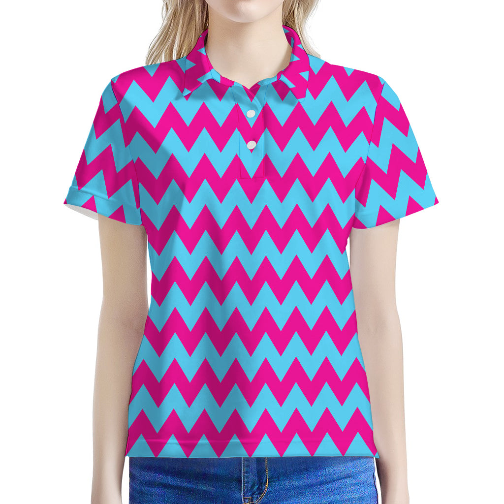 Pink And Blue Chevron Pattern Print Women's Polo Shirt