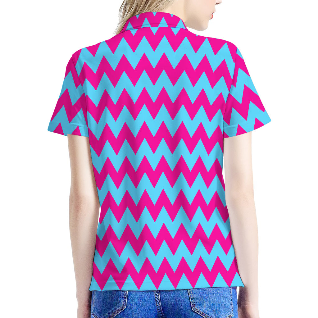 Pink And Blue Chevron Pattern Print Women's Polo Shirt