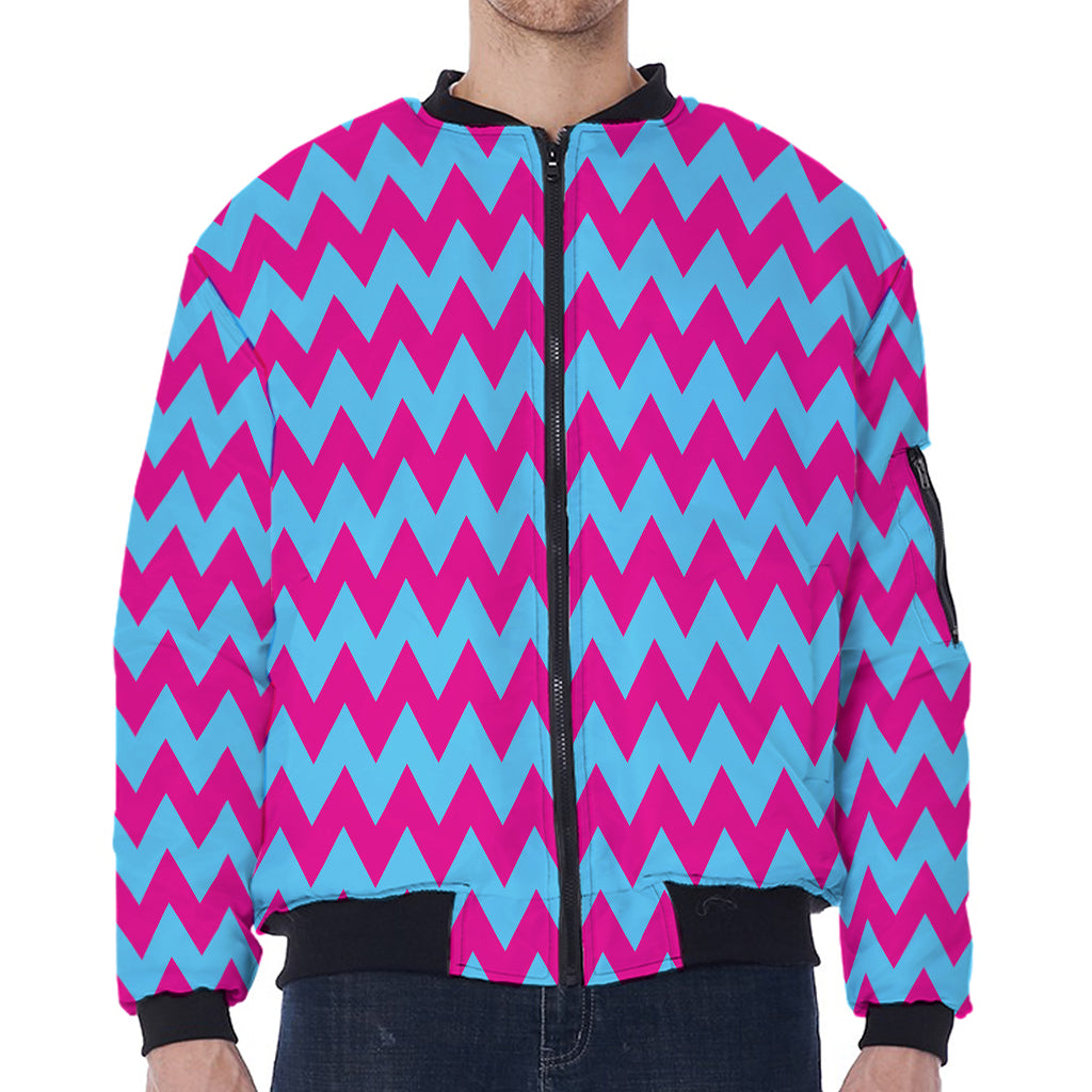 Pink And Blue Chevron Pattern Print Zip Sleeve Bomber Jacket