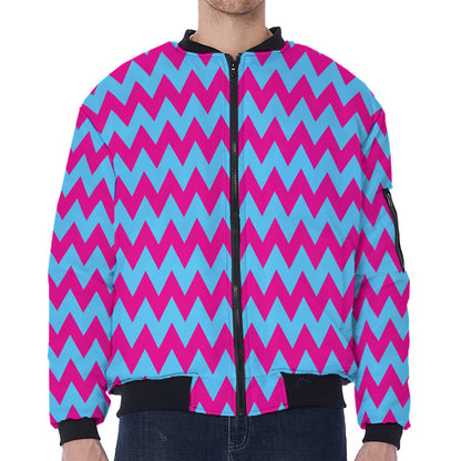 Pink And Blue Chevron Pattern Print Zip Sleeve Bomber Jacket