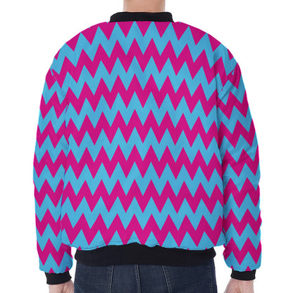 Pink And Blue Chevron Pattern Print Zip Sleeve Bomber Jacket