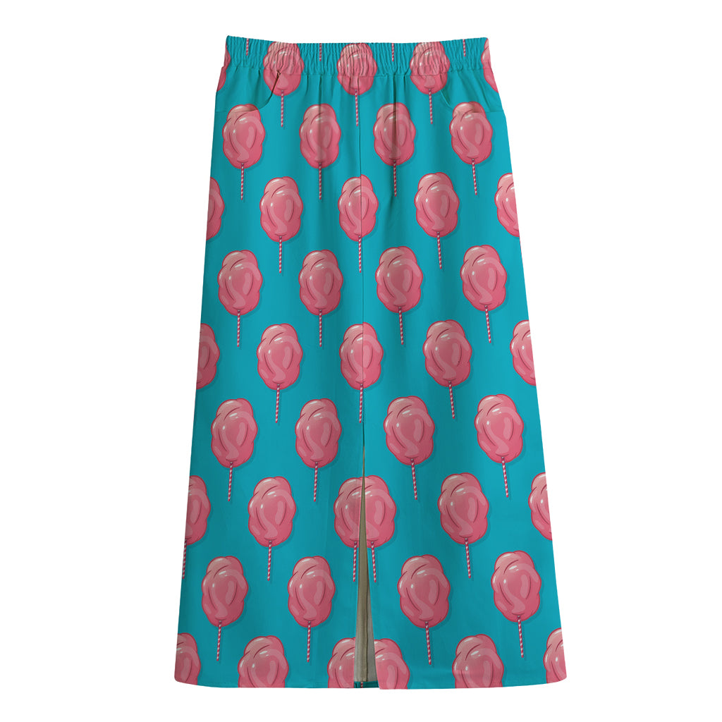 Pink And Blue Cotton Candy Pattern Print Cotton Front Slit Maxi Skirt