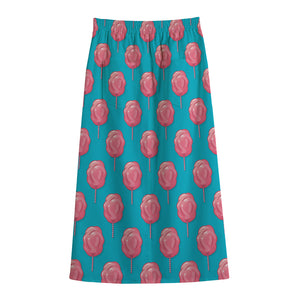 Pink And Blue Cotton Candy Pattern Print Cotton Front Slit Maxi Skirt