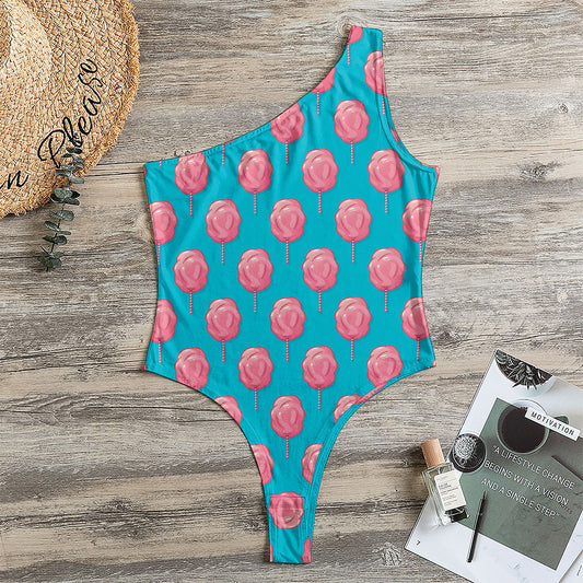 Pink And Blue Cotton Candy Pattern Print One Shoulder Bodysuit
