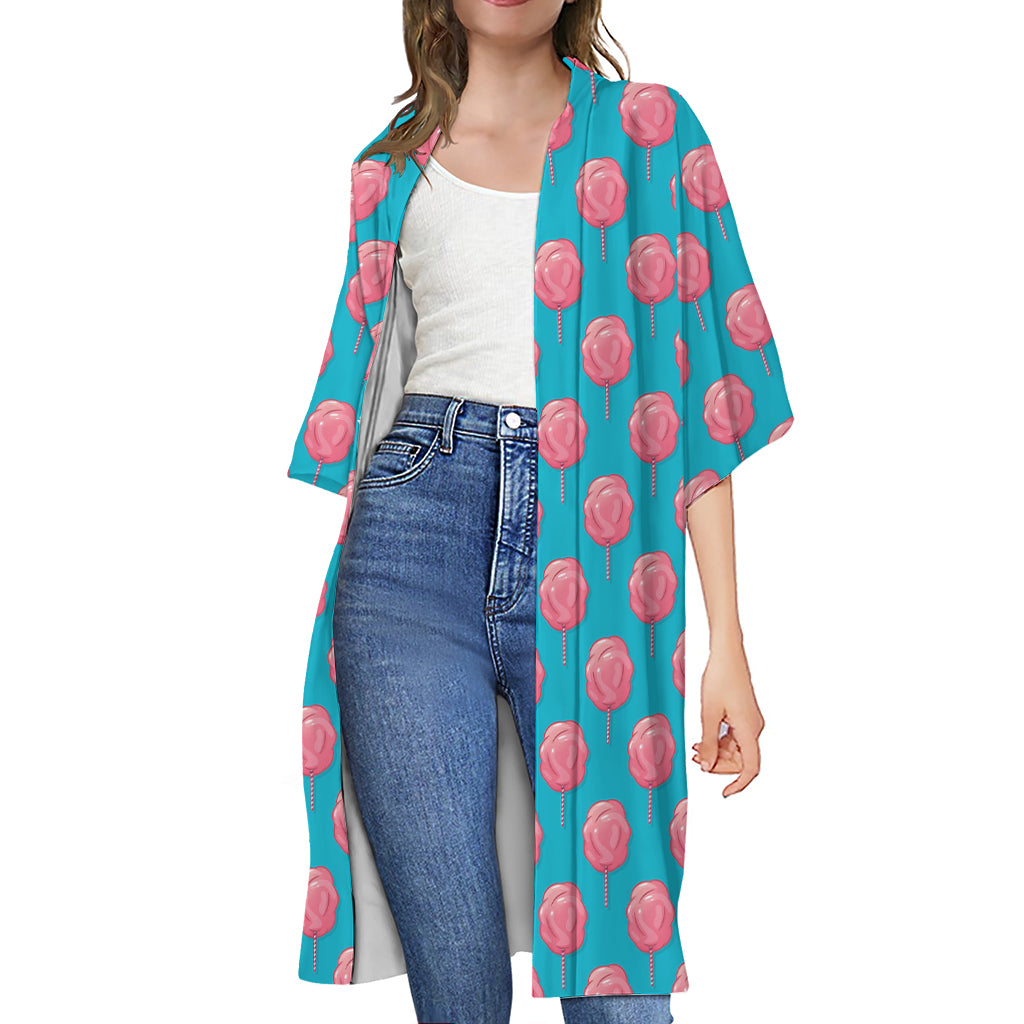 Pink And Blue Cotton Candy Pattern Print Open Front Beach Cover Up