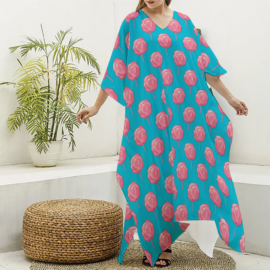 Pink And Blue Cotton Candy Pattern Print Silk V-Neck Kaftan Dress