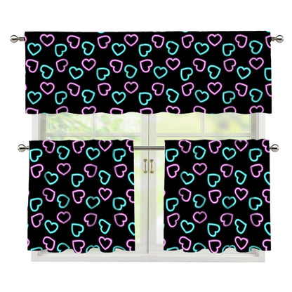 Pink And Blue Lights Heart Pattern Print 3 Piece Kitchen Curtains