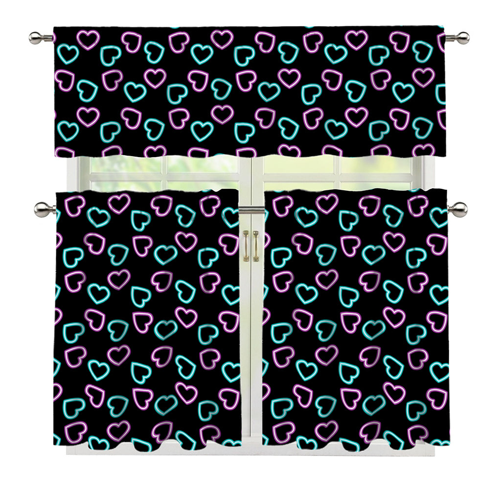 Pink And Blue Lights Heart Pattern Print 3 Piece Kitchen Curtains