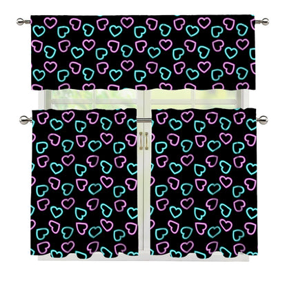 Pink And Blue Lights Heart Pattern Print 3 Piece Kitchen Curtains