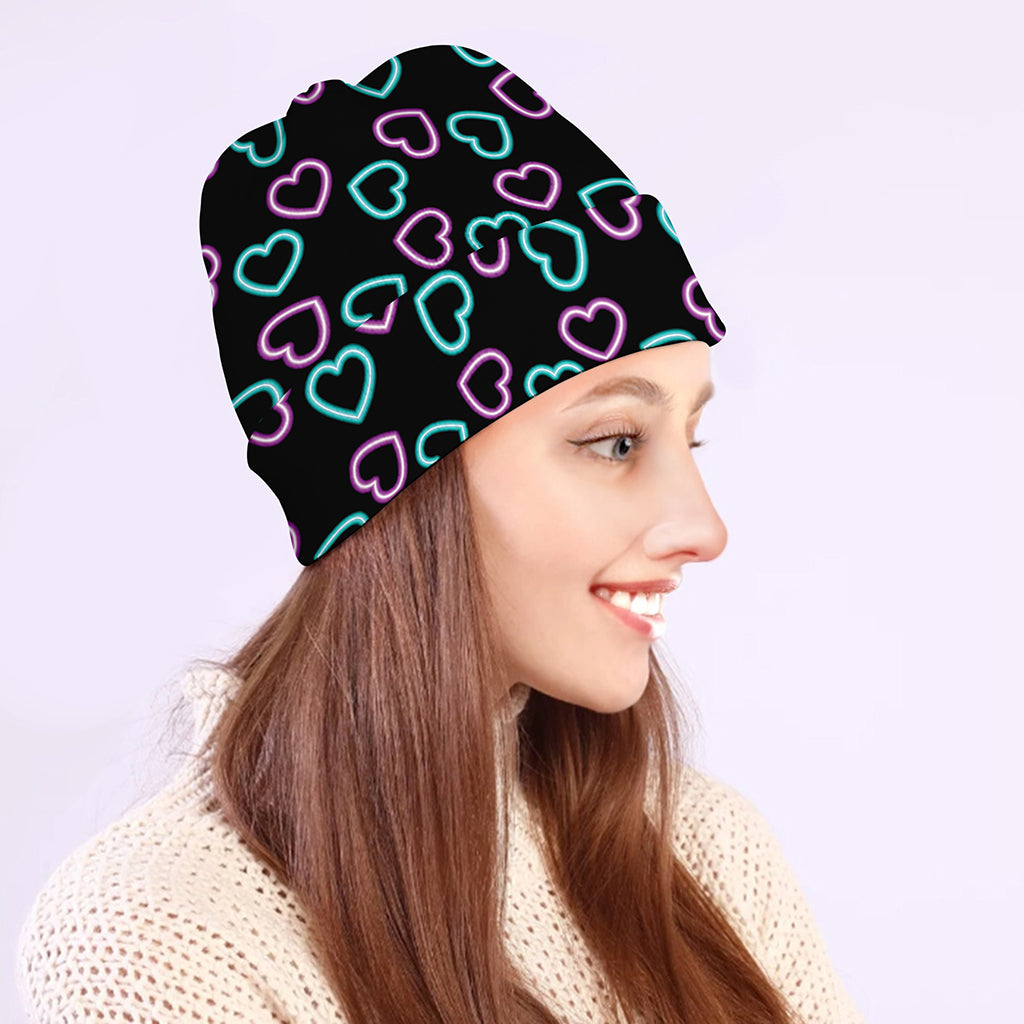Pink And Blue Lights Heart Pattern Print Beanie