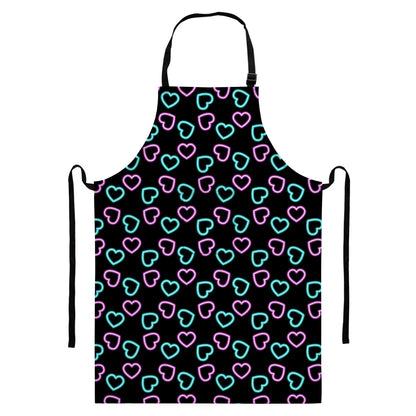 Pink And Blue Lights Heart Pattern Print Bib Apron With Pocket