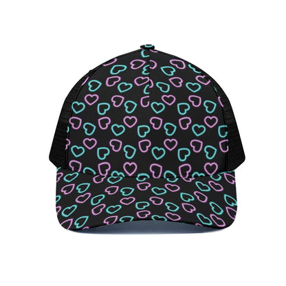 Pink And Blue Lights Heart Pattern Print Black Mesh Trucker Cap