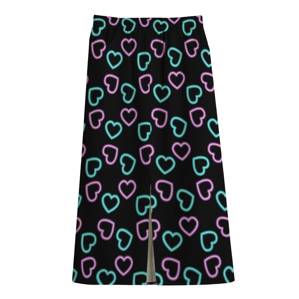 Pink And Blue Lights Heart Pattern Print Cotton Front Slit Maxi Skirt