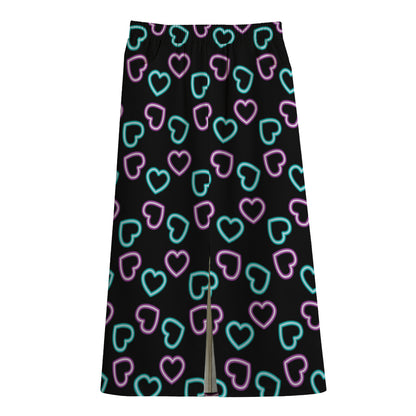 Pink And Blue Lights Heart Pattern Print Cotton Front Slit Maxi Skirt
