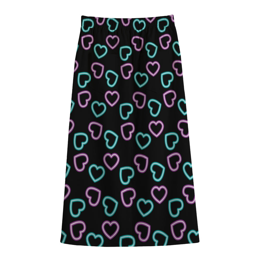 Pink And Blue Lights Heart Pattern Print Cotton Front Slit Maxi Skirt
