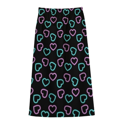 Pink And Blue Lights Heart Pattern Print Cotton Front Slit Maxi Skirt