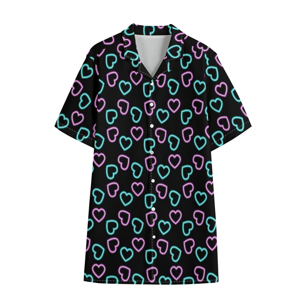 Pink And Blue Lights Heart Pattern Print Cotton Hawaiian Shirt