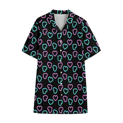 Pink And Blue Lights Heart Pattern Print Cotton Hawaiian Shirt