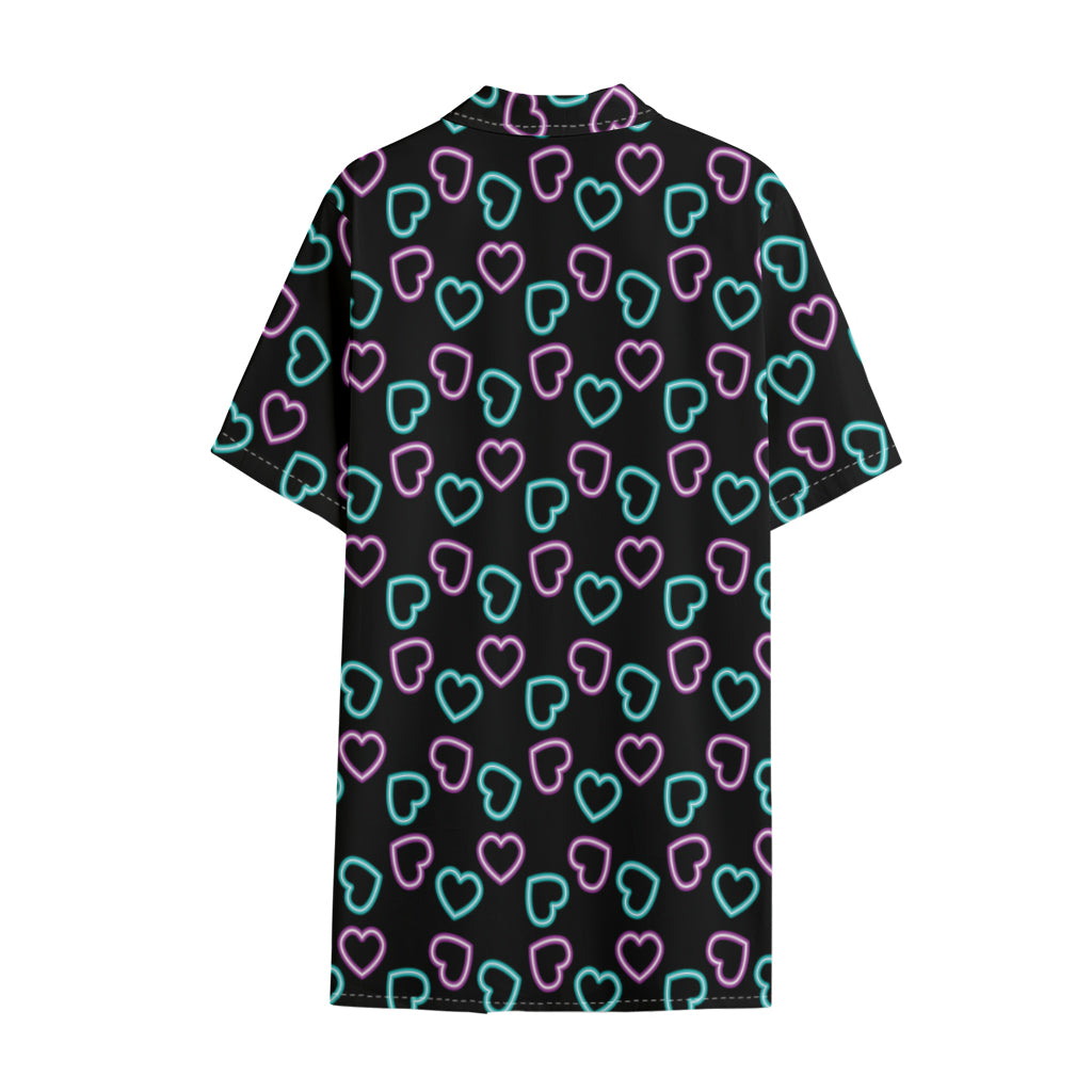 Pink And Blue Lights Heart Pattern Print Cotton Hawaiian Shirt