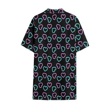 Pink And Blue Lights Heart Pattern Print Cotton Hawaiian Shirt