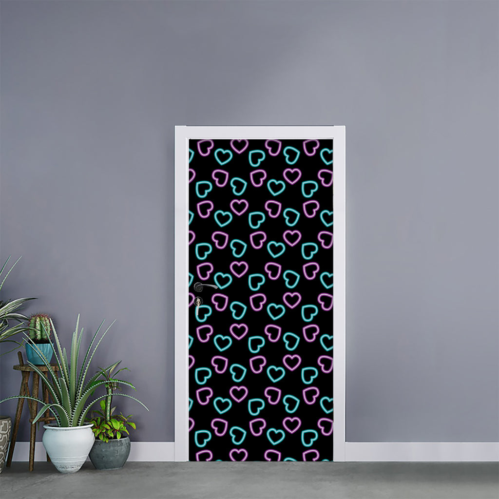 Pink And Blue Lights Heart Pattern Print Door Sticker