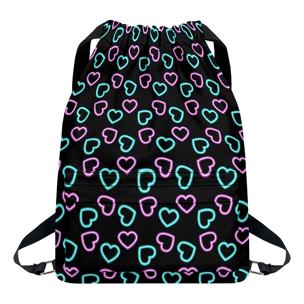 Pink And Blue Lights Heart Pattern Print Drawstring Backpack