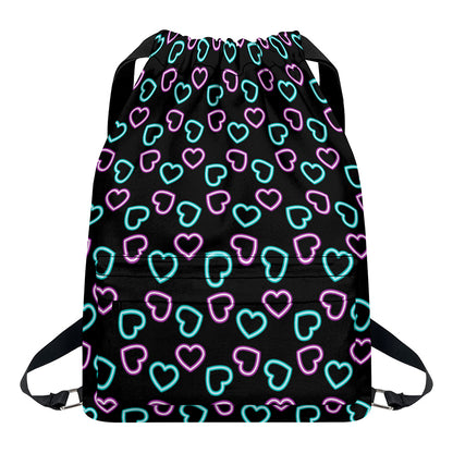 Pink And Blue Lights Heart Pattern Print Drawstring Backpack