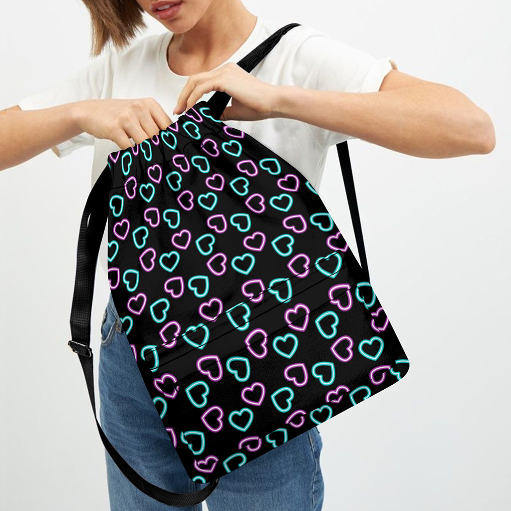 Pink And Blue Lights Heart Pattern Print Drawstring Backpack