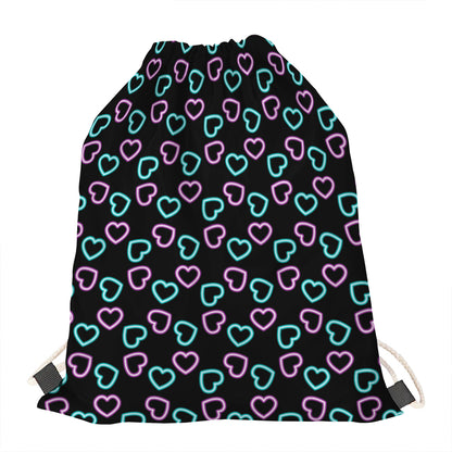 Pink And Blue Lights Heart Pattern Print Drawstring Bag
