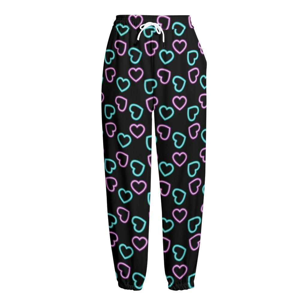 Pink And Blue Lights Heart Pattern Print Fleece Lined Knit Pants