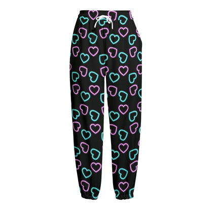 Pink And Blue Lights Heart Pattern Print Fleece Lined Knit Pants